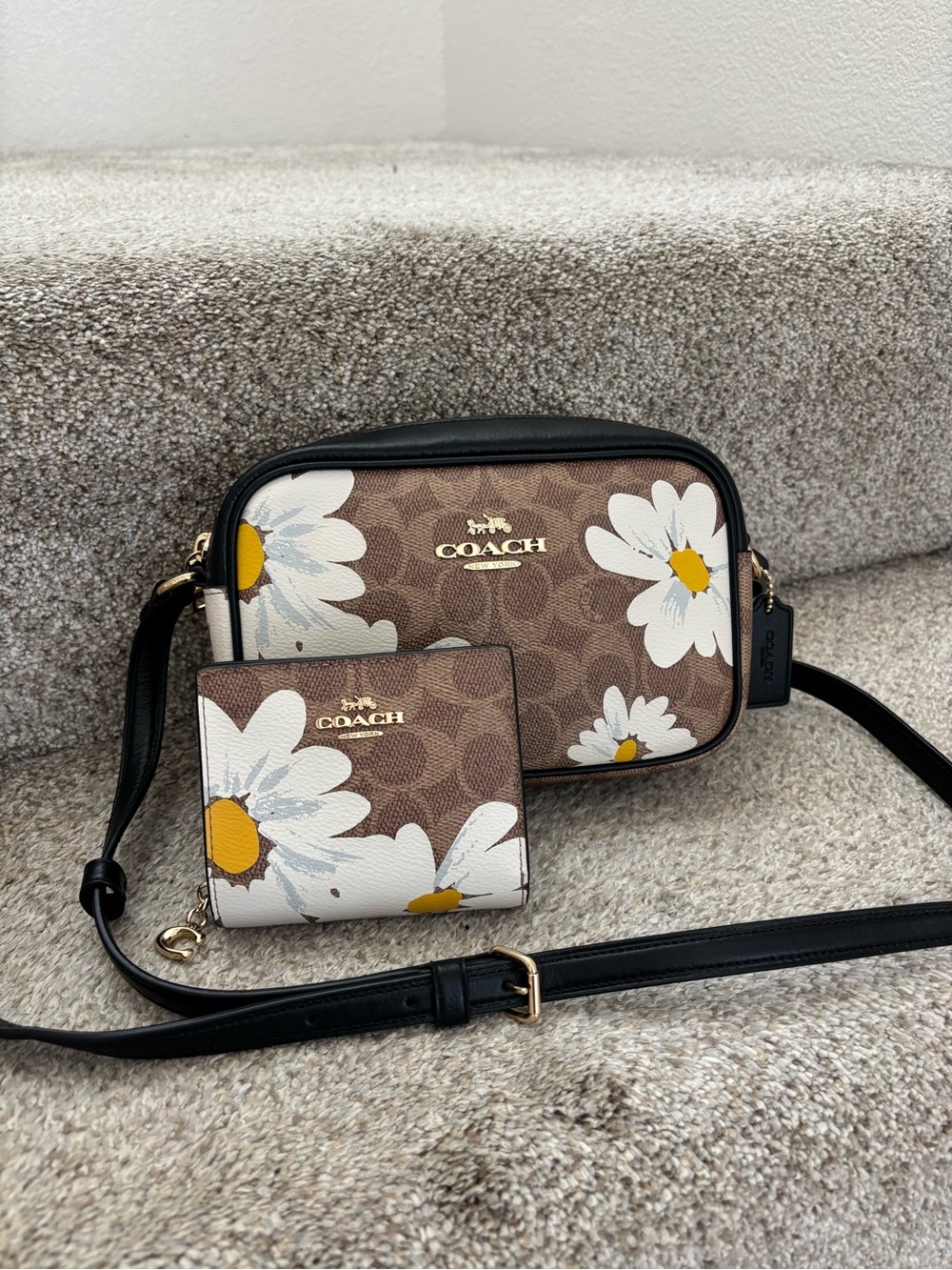 COACH Mini Jamie Camera Floral Signature Canvas Crossbody Bag w/ Matching Wallet
